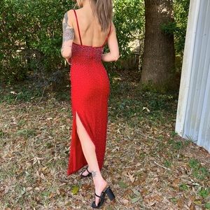 Vintage red pure silk beaded evening gown